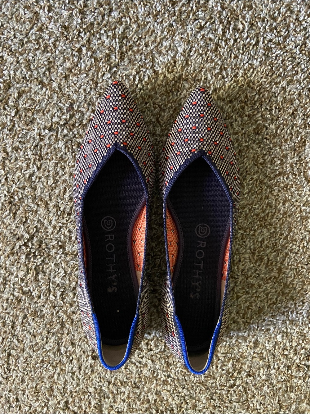 Rothy's Pointed Knit Flats in Navy with Coral Dot Pattern